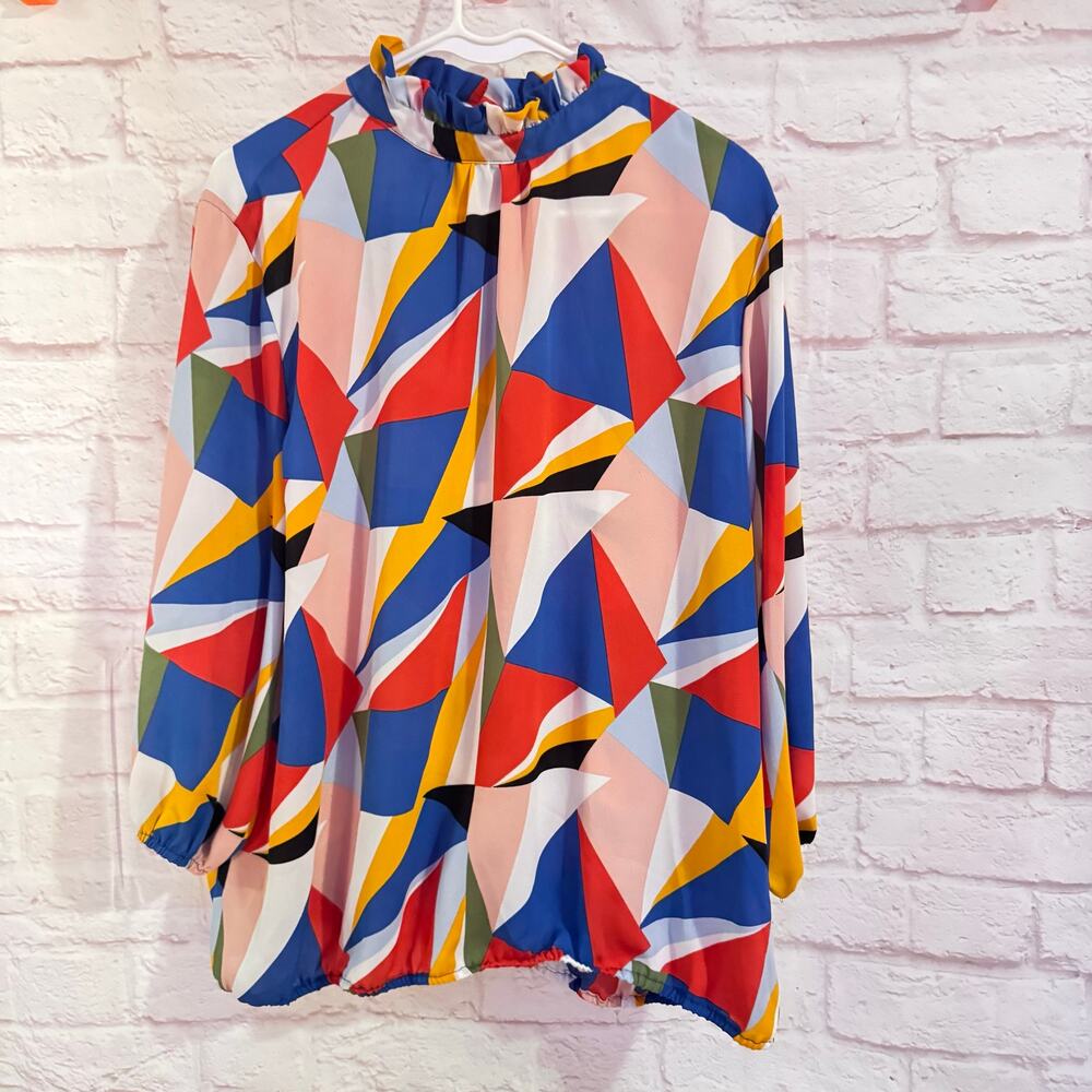 Colorful New York & Company XXL blouse vibrant geometrical designs high neck